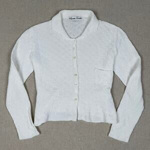 Vintage Marion Foale White Cropped Knit Cardigan Sweater Checkerboard Texture